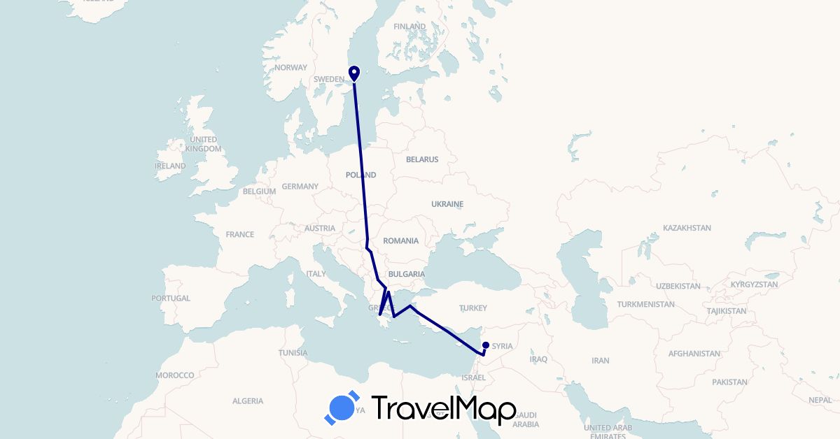 TravelMap itinerary: driving in Greece, Lebanon, Macedonia, Serbia, Sweden, Syria, Turkey (Asia, Europe)